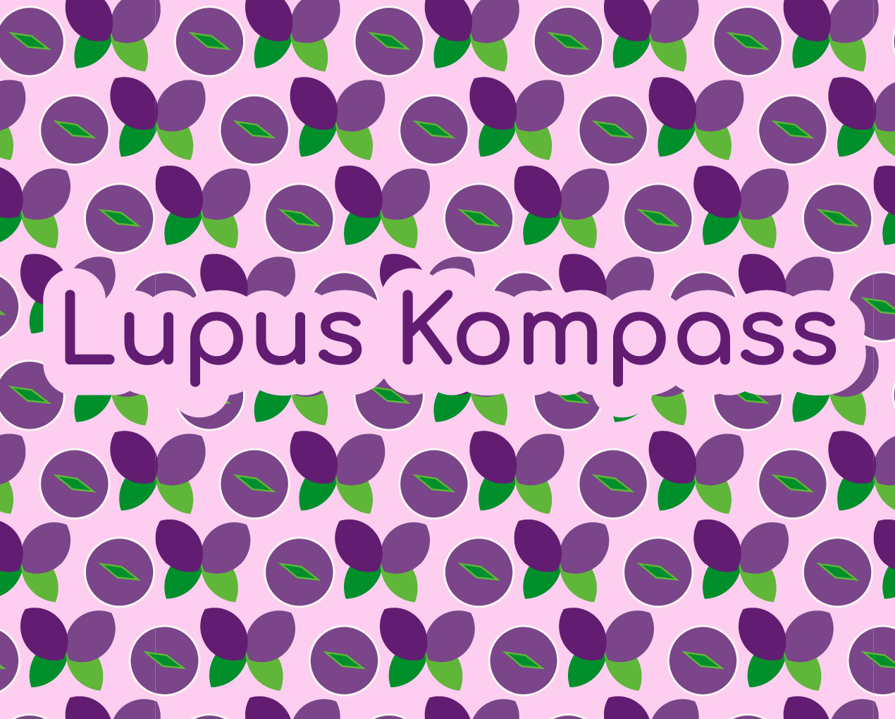 Der Schriftzug Lupus Kompass auf einem rosa Hintergrund gemustert mit dem stilisierten Kompass und Schmetterling aus dem Logo